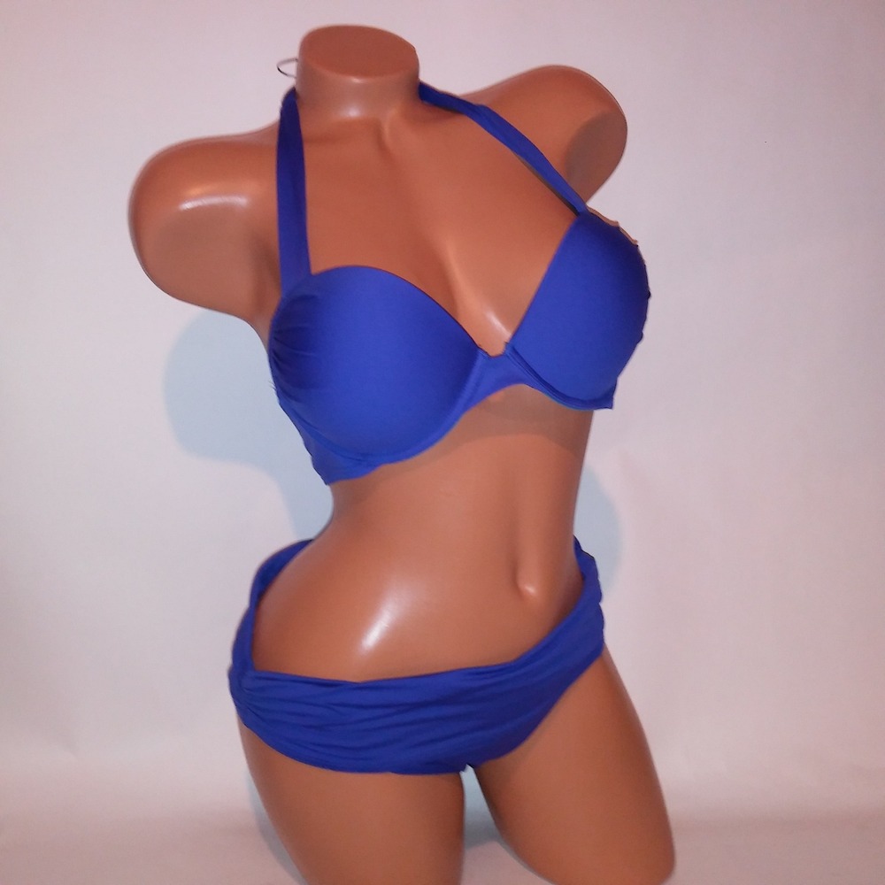 Victoria Secret Swim Bikini 36B Top Medium Bottom Bombshell Push Up Solid Blue